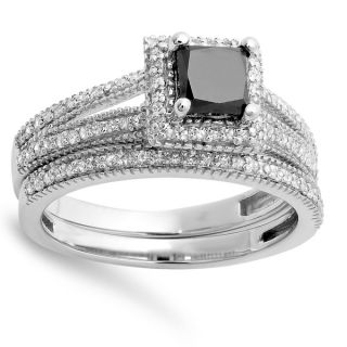 Annello 14k White Gold 1 3/5ct TDW Black and White Diamond Bridal Ring