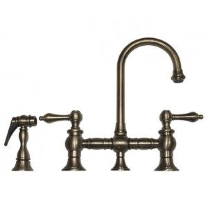 Whitehaus WHKBLV3 9106 BN Vintage III entertainment/prep bridge faucet with short gooseneck swivel spout, lever handles and solid brass side spray   Brushed Nickel
