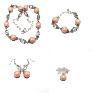 Pastel Pink MoonScape Crystal Pearl 4 piece Wedding Jewelry Set