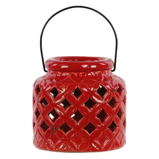 Gloss Red Ceramic Flat bottomed Lantern with Metal Handle