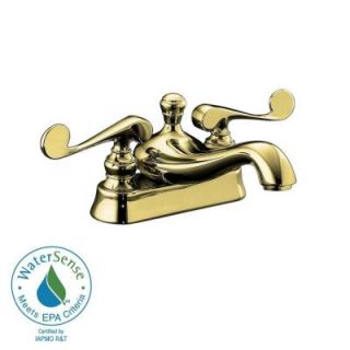 KOHLER Revival 4 in. Centerset 2 Handle Low Arc Water Saving Bathroom Faucet in Vibrant Polished Brass with Scroll Lever Handle K 16100 4 PB
