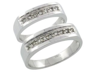 14k White Gold 2 Piece His (6mm) & Hers (5mm) Diamond Wedding Ring Band Set w/ 0.34 Carat Brilliant Cut Diamonds; (Ladies Size 5 to10; Men's Size 8 to 14)