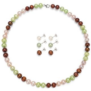 DaVonna Silver Multicolor FW Pearl Necklace and 3 pair Earrings Set (8