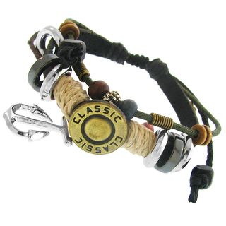 Moise Leather and Cotton Cord Synthetic Bead Adjustable Bracelet