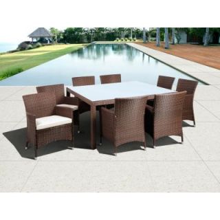 Atlantic Contemporary Lifestyle Grand New Liberty Deluxe Brown 9 Piece Square All Weather Wicker Patio Dining Set with Off White Cushions PLI LIBERSQ9_KD BR/OW