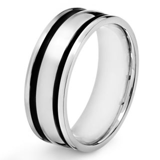 Mens Polished Stainless Steel Black Rubber Inlay Comfort Fit Ring