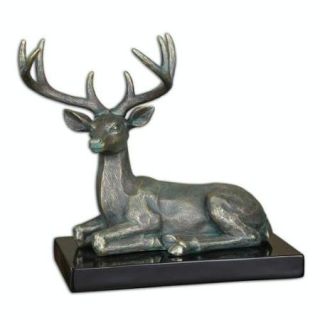 12.625" Distressed Silver Champagne Finish Eight Point Deer Sculpture on Black Base