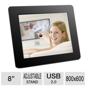 Aluratek 8 inch Digital Photo Frame   TFT LCD,  800 x 600 Resolution, 4:3 Aspect ratio, USB 2.0, SD/SDHC Card, Frame Adjustable For Vertical Orientation, Wall Mountable, Black   ADPF08SF